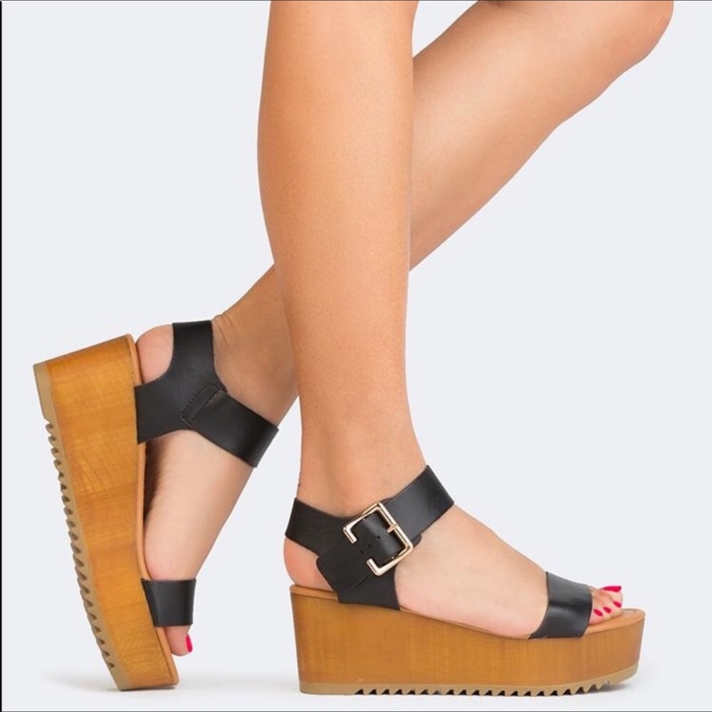 Black Sandals Wedges Classic Front Strap Buckle - Picture 8 of 8